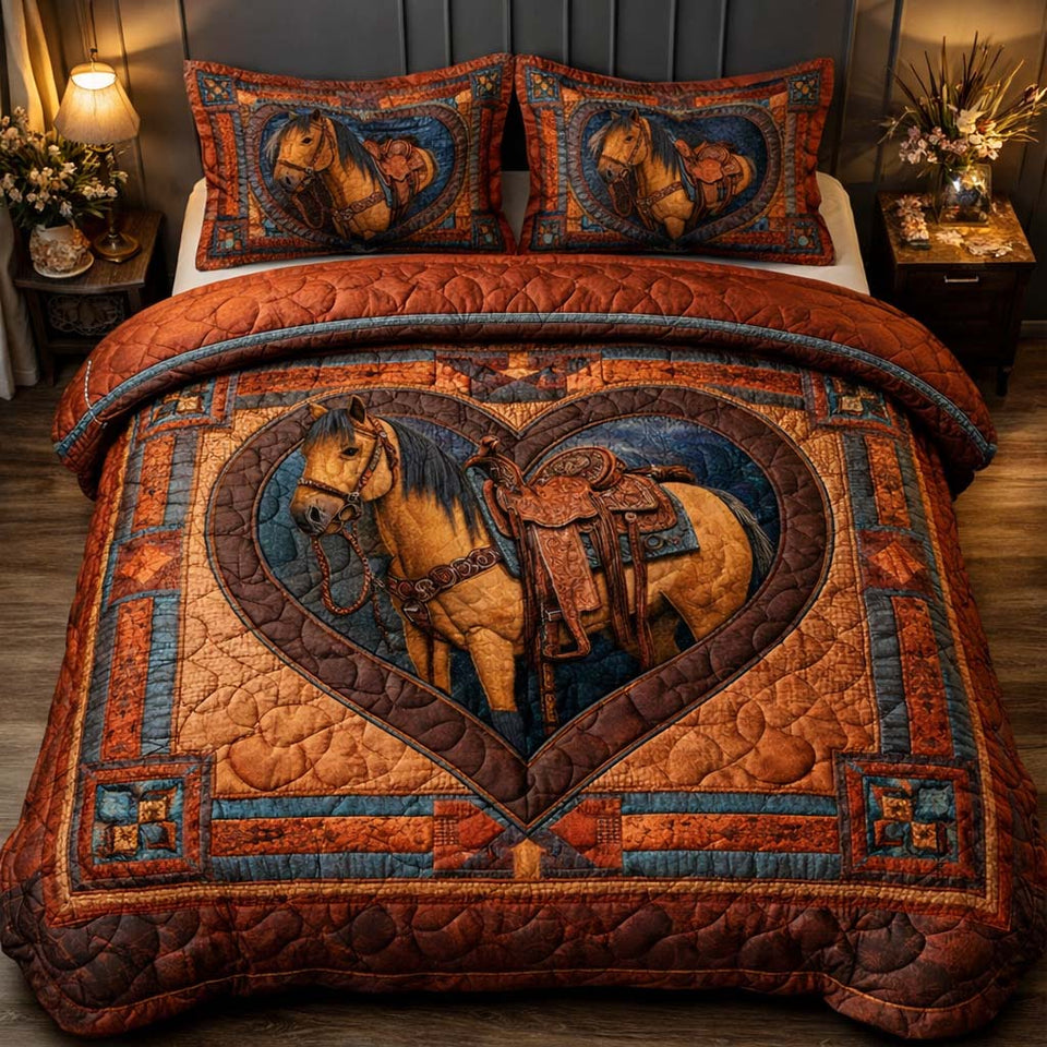 Heart Stallion quilted bedding set, quilt and two pillow shams on a made bed