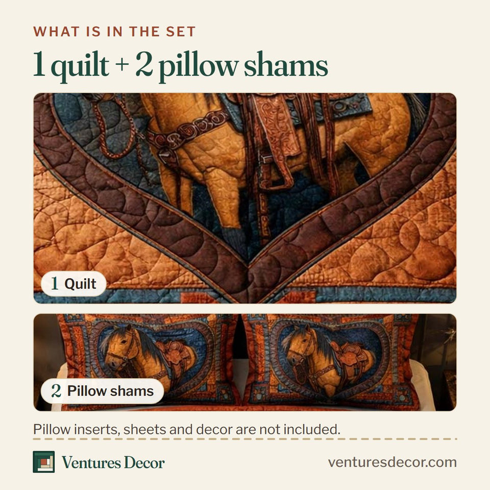 What is in the set: one quilt and two pillow shams, shown in the Heart Stallion design