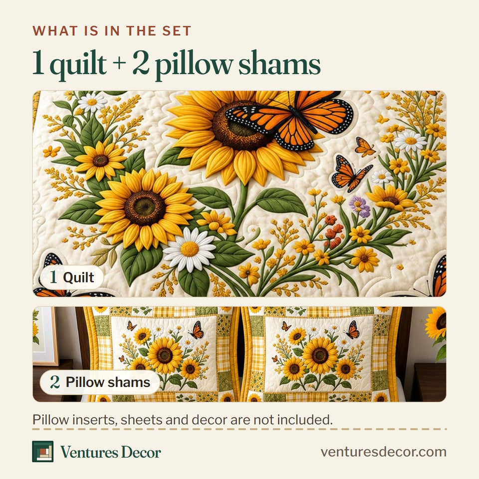 What is in the set: one quilt and two pillow shams, shown in the Heart Sunflower design