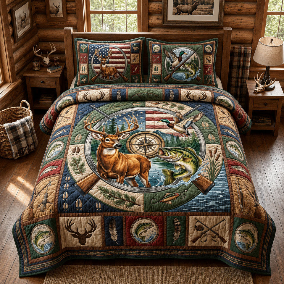 Heartland Buck Ring quilted bedding set, quilt and two pillow shams on a made bed