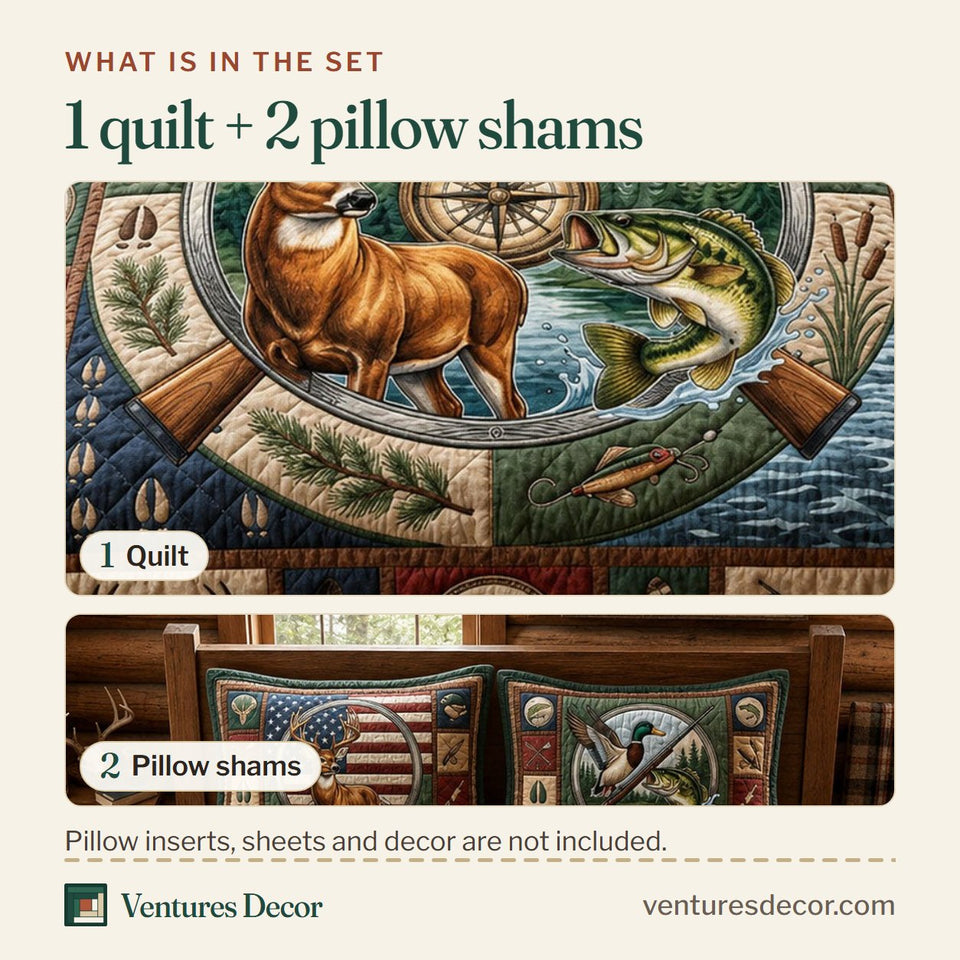 What is in the set: one quilt and two pillow shams, shown in the Heartland Buck Ring design