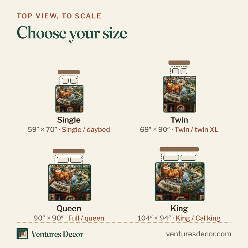 Size guide for the Heartland Buck Ring quilt, top view to scale: Single 59 x 70 in, Twin 69 x 90 in, Queen 90 x 90 in, King 104 x 94 in