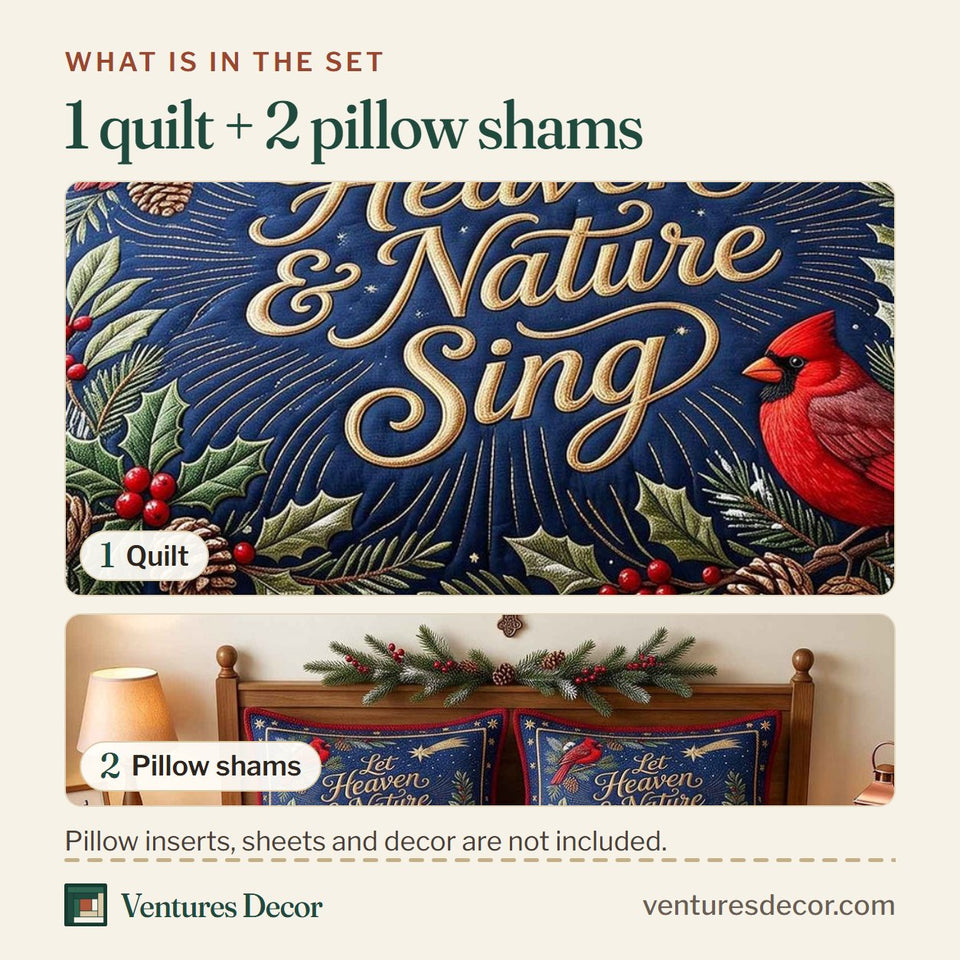 What is in the set: one quilt and two pillow shams, shown in the Heaven and Nature Sing design
