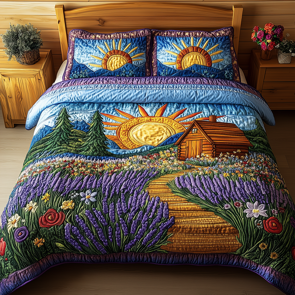 Heaven Sunlit Cabin Beyond the Lavender quilted bedding set, quilt and two pillow shams on a made bed