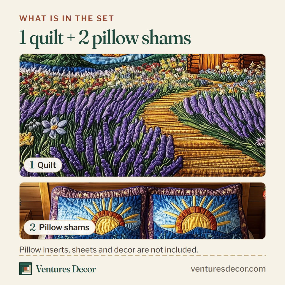 What is in the set: one quilt and two pillow shams, shown in the Heaven Sunlit Cabin Beyond the Lavender design