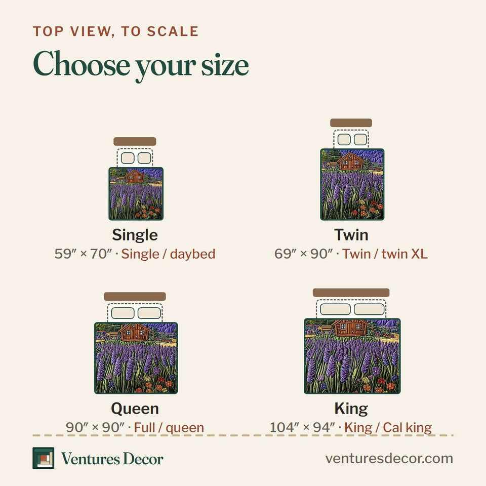 Size guide for the Heaven Sunlit Lavender Field at Dawn quilt, top view to scale: Single 59 x 70 in, Twin 69 x 90 in, Queen 90 x 90 in, King 104 x 94 in