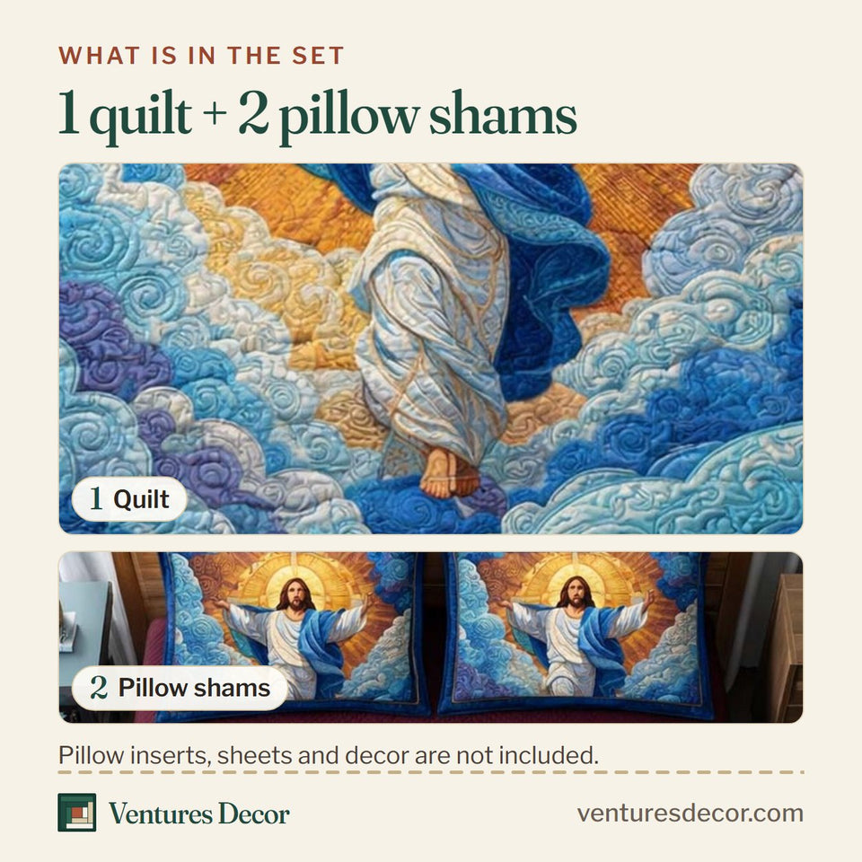What is in the set: one quilt and two pillow shams, shown in the Heavenly Clouds design