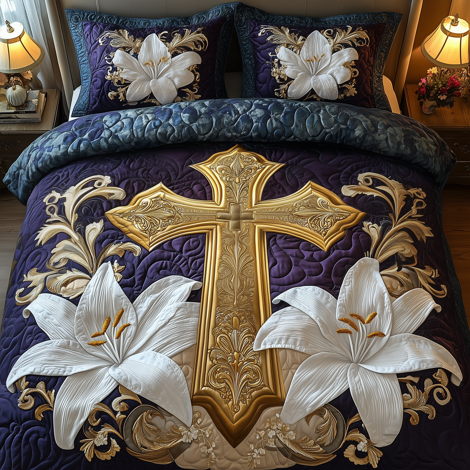 Heavenly Embrace quilted bedding set, quilt and two pillow shams on a made bed