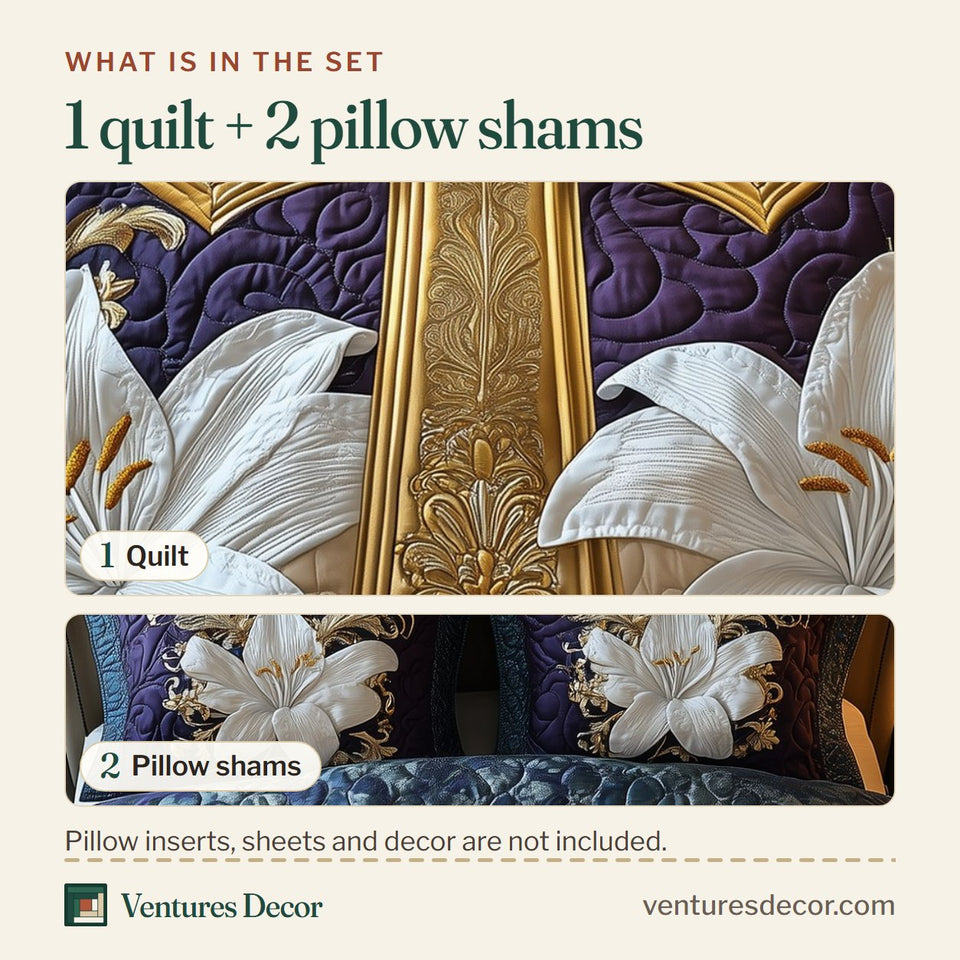 What is in the set: one quilt and two pillow shams, shown in the Heavenly Embrace design