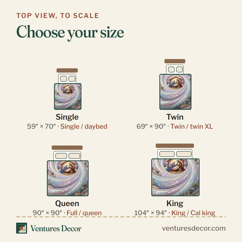 Size guide for the Heavenly Nativity Christmas quilt, top view to scale: Single 59 x 70 in, Twin 69 x 90 in, Queen 90 x 90 in, King 104 x 94 in