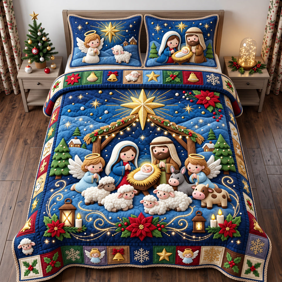 Heavenly Nativity quilted bedding set, quilt and two pillow shams on a made bed