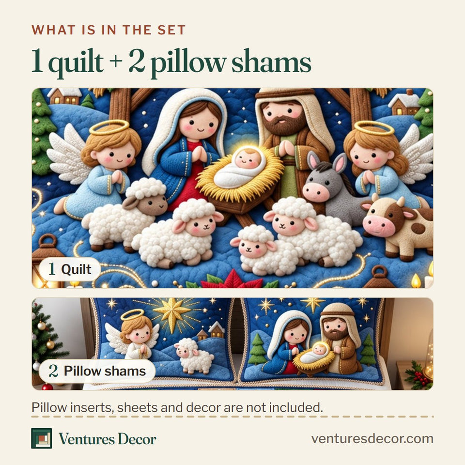 What is in the set: one quilt and two pillow shams, shown in the Heavenly Nativity design