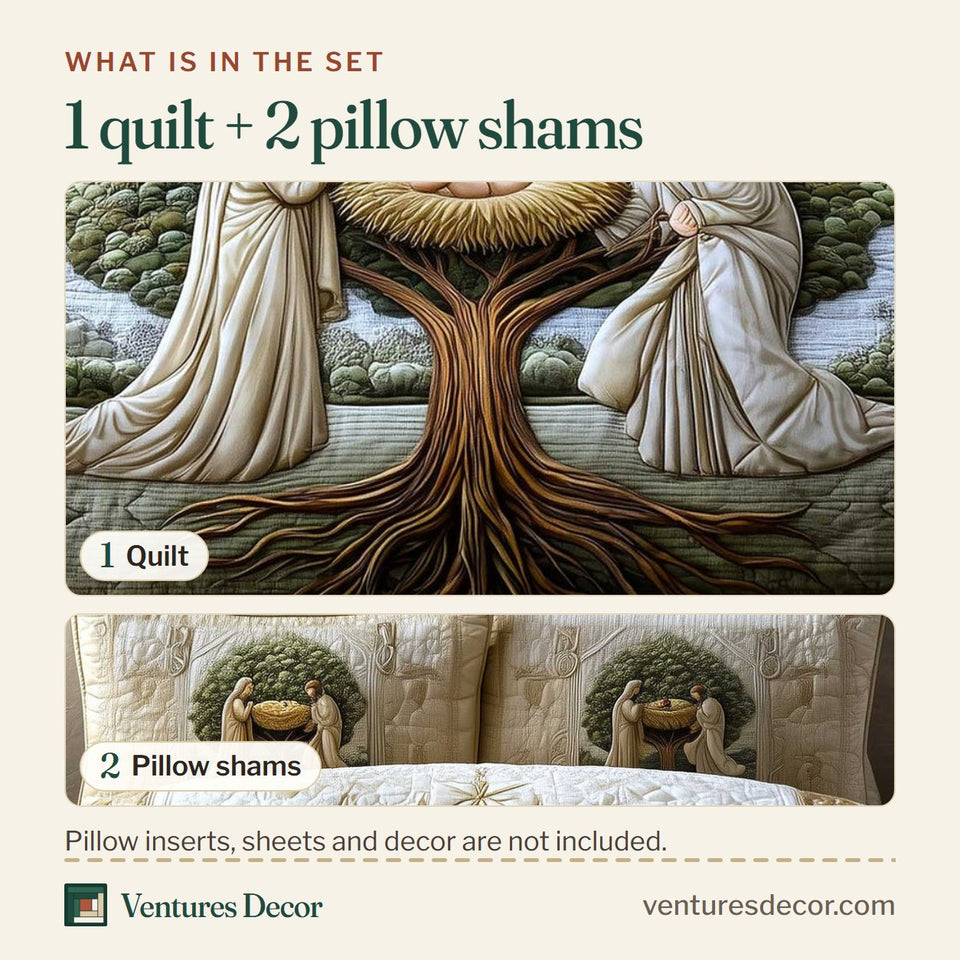 What is in the set: one quilt and two pillow shams, shown in the Heavenly Peace Emerald Tree Manger design