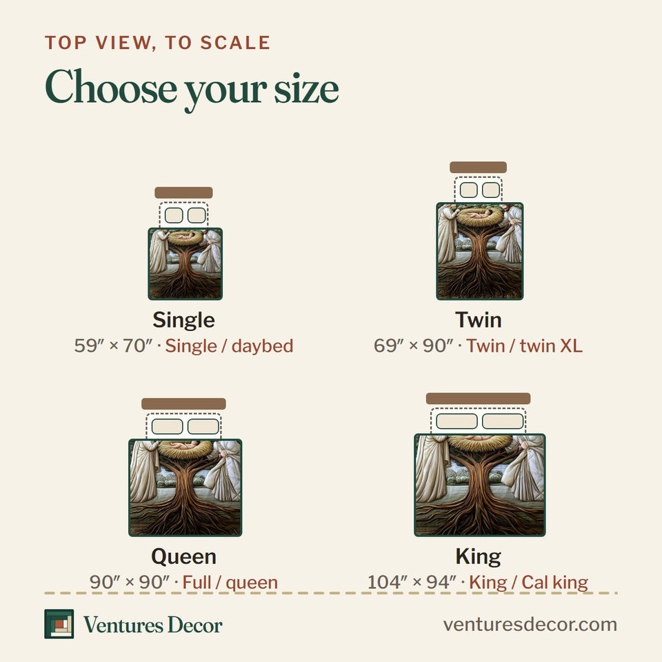 Size guide for the Heavenly Peace Emerald Tree Manger quilt, top view to scale: Single 59 x 70 in, Twin 69 x 90 in, Queen 90 x 90 in, King 104 x 94 in