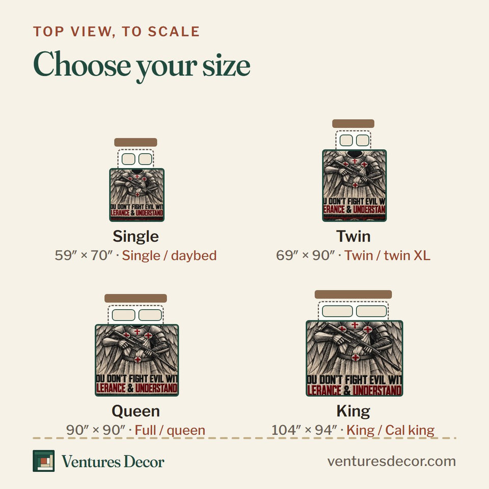 Size guide for the Heavenly Warrior quilt, top view to scale: Single 59 x 70 in, Twin 69 x 90 in, Queen 90 x 90 in, King 104 x 94 in