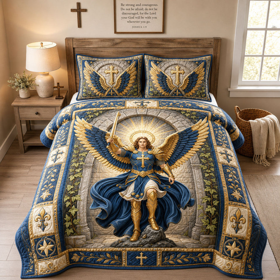 Heavenly Warrior Saint Michael quilted bedding set, quilt and two pillow shams on a made bed