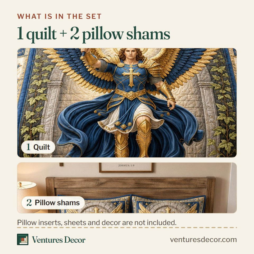 What is in the set: one quilt and two pillow shams, shown in the Heavenly Warrior Saint Michael design