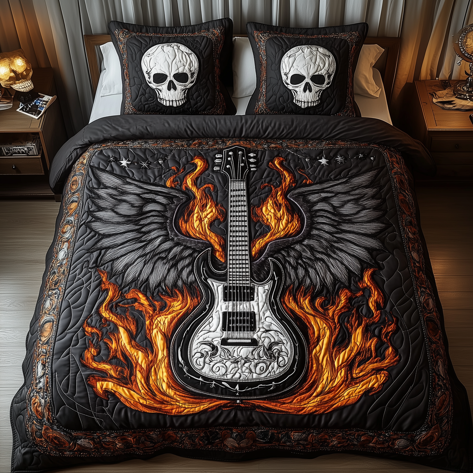Heavy Metal Guitar Blazing Wing Panel quilted bedding set, quilt and two pillow shams on a made bed
