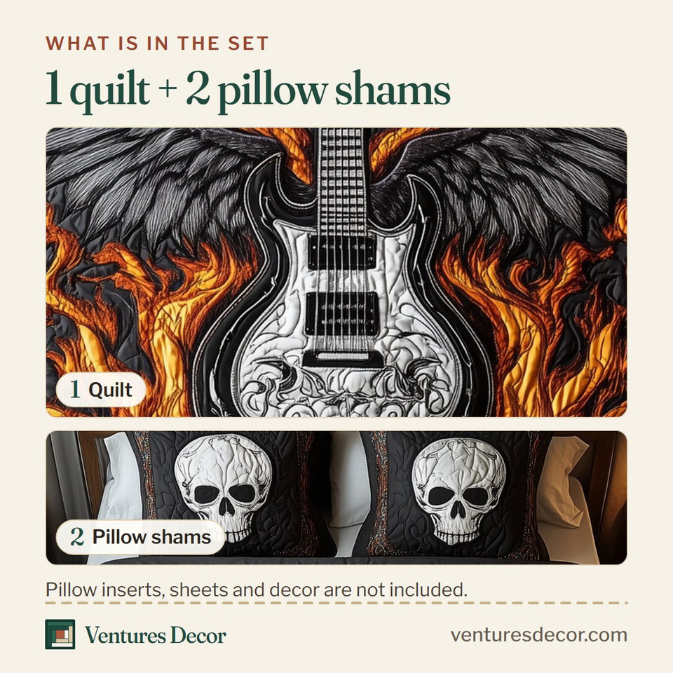What is in the set: one quilt and two pillow shams, shown in the Heavy Metal Guitar Blazing Wing Panel design