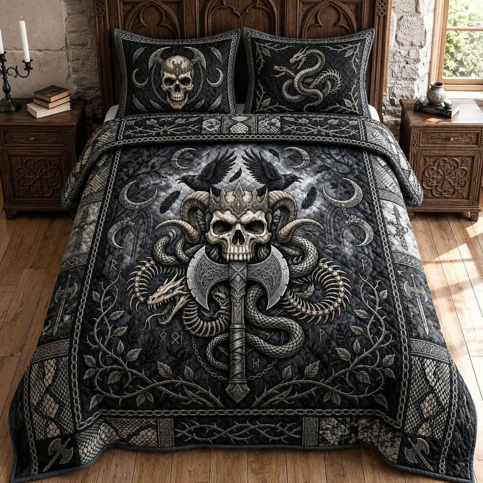 Heavy Metal Skull quilted bedding set, quilt and two pillow shams on a made bed