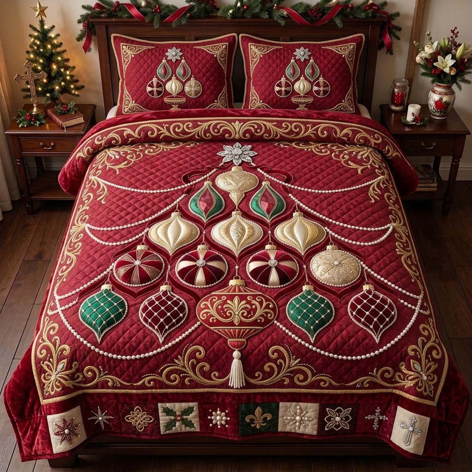 Heirloom Ornament Jewel Tree quilted bedding set, quilt and two pillow shams on a made bed