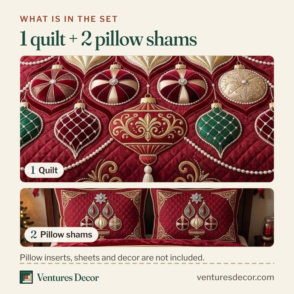 What is in the set: one quilt and two pillow shams, shown in the Heirloom Ornament Jewel Tree design