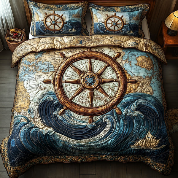 Helm Wheel High Seas quilted bedding set, quilt and two pillow shams on a made bed