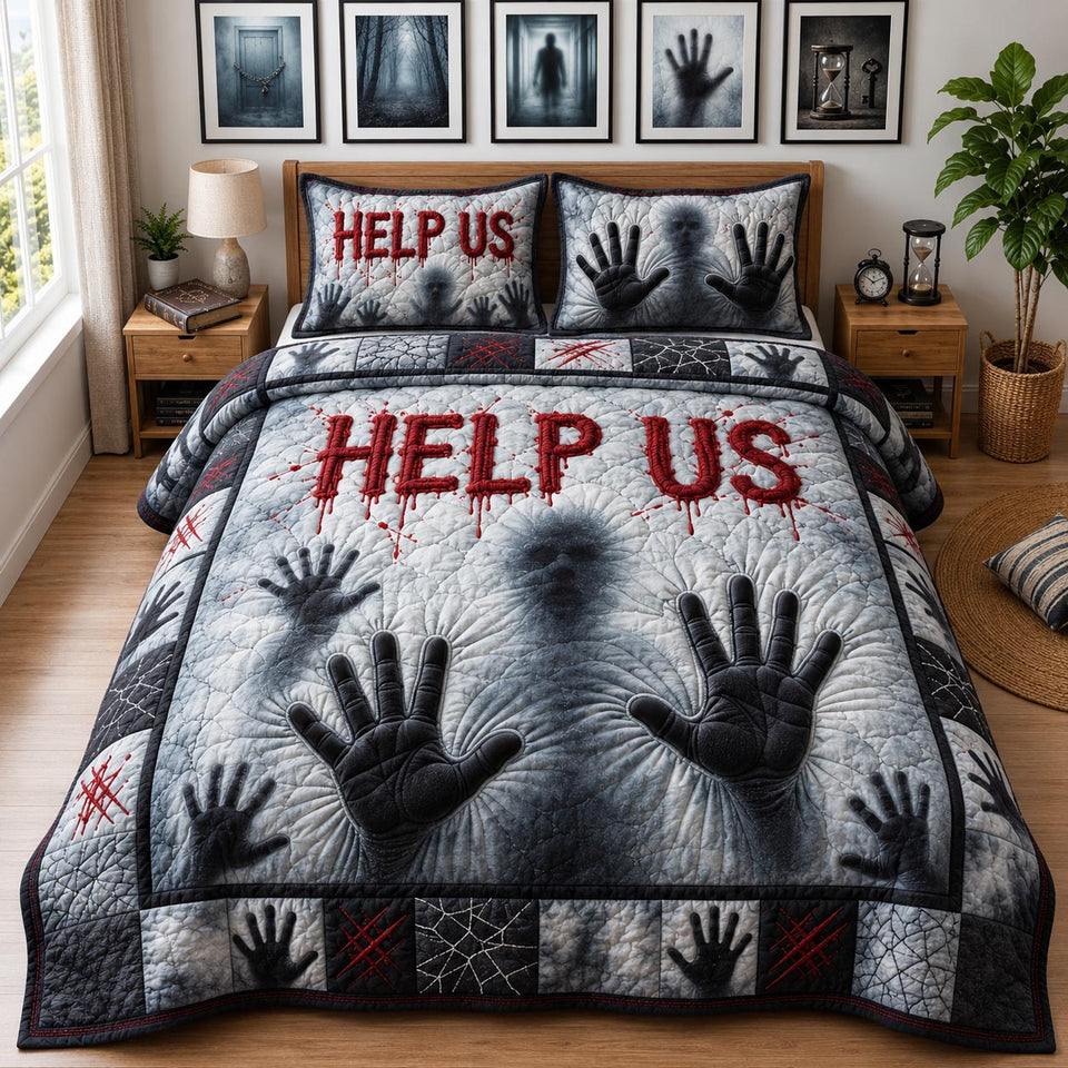 Help Us quilted bedding set, quilt and two pillow shams on a made bed
