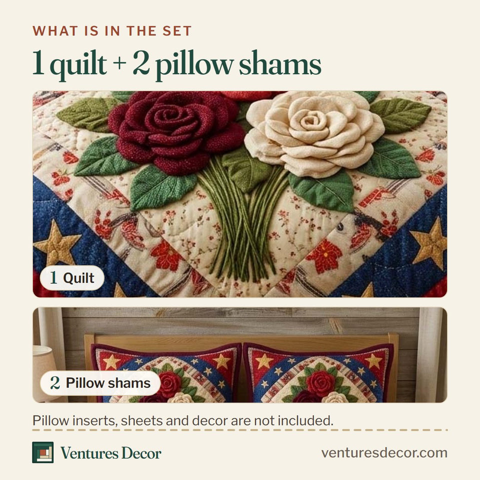What is in the set: one quilt and two pillow shams, shown in the Heritage Bouquet design