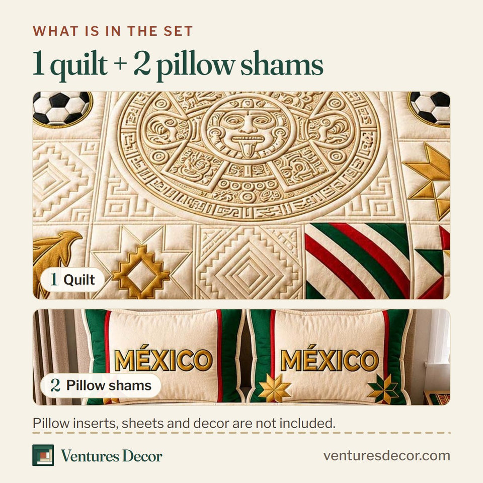 What is in the set: one quilt and two pillow shams, shown in the Heritage Gold Mexico design