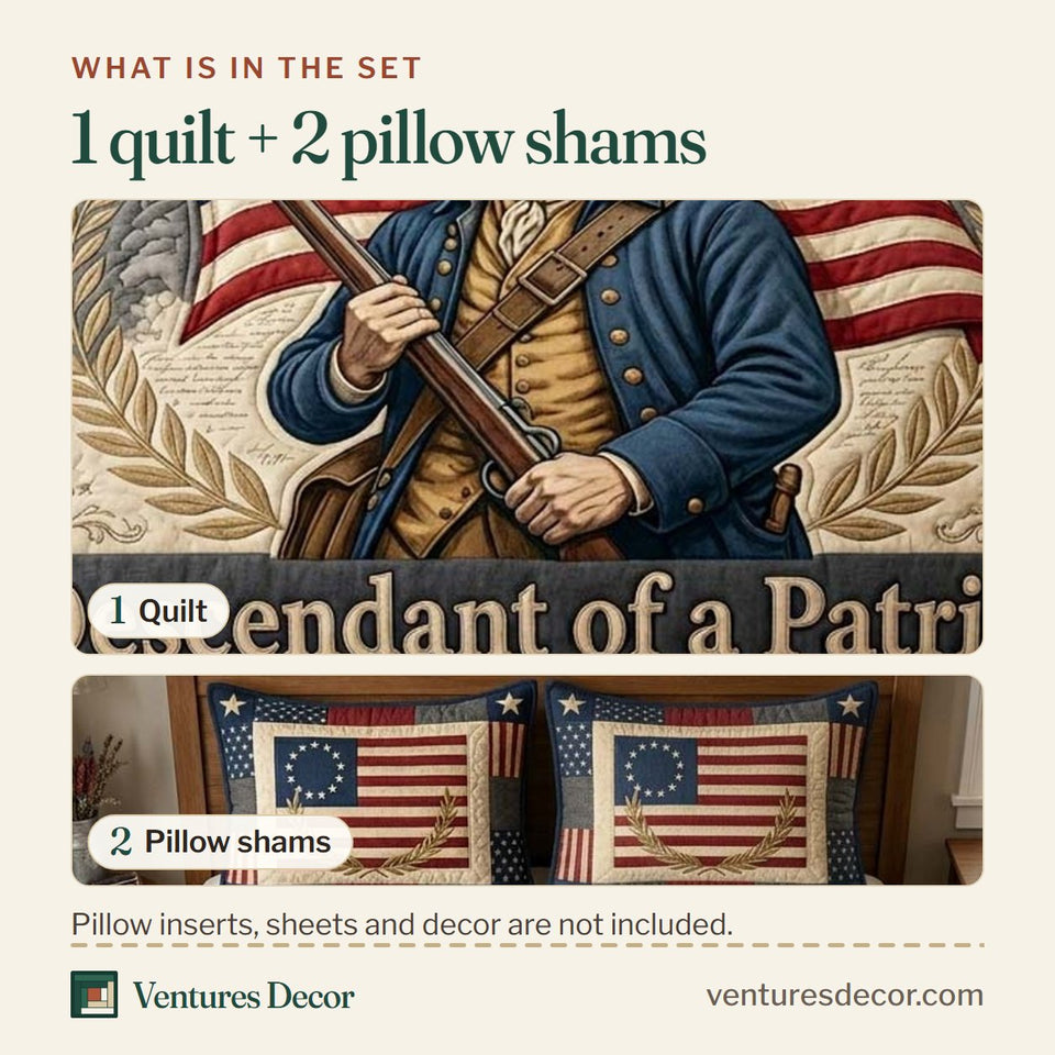 What is in the set: one quilt and two pillow shams, shown in the Heritage Guard design