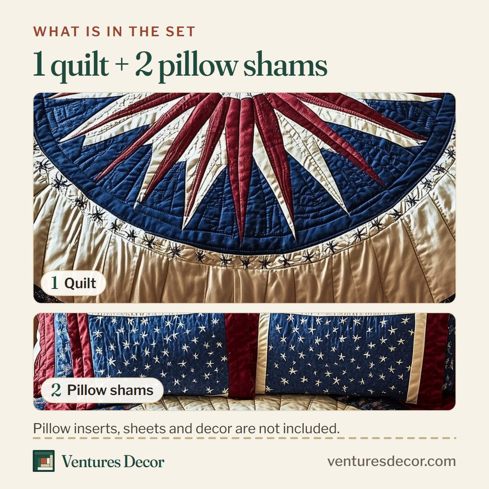 What is in the set: one quilt and two pillow shams, shown in the Heritage Mandala Bloom Compass Rose design