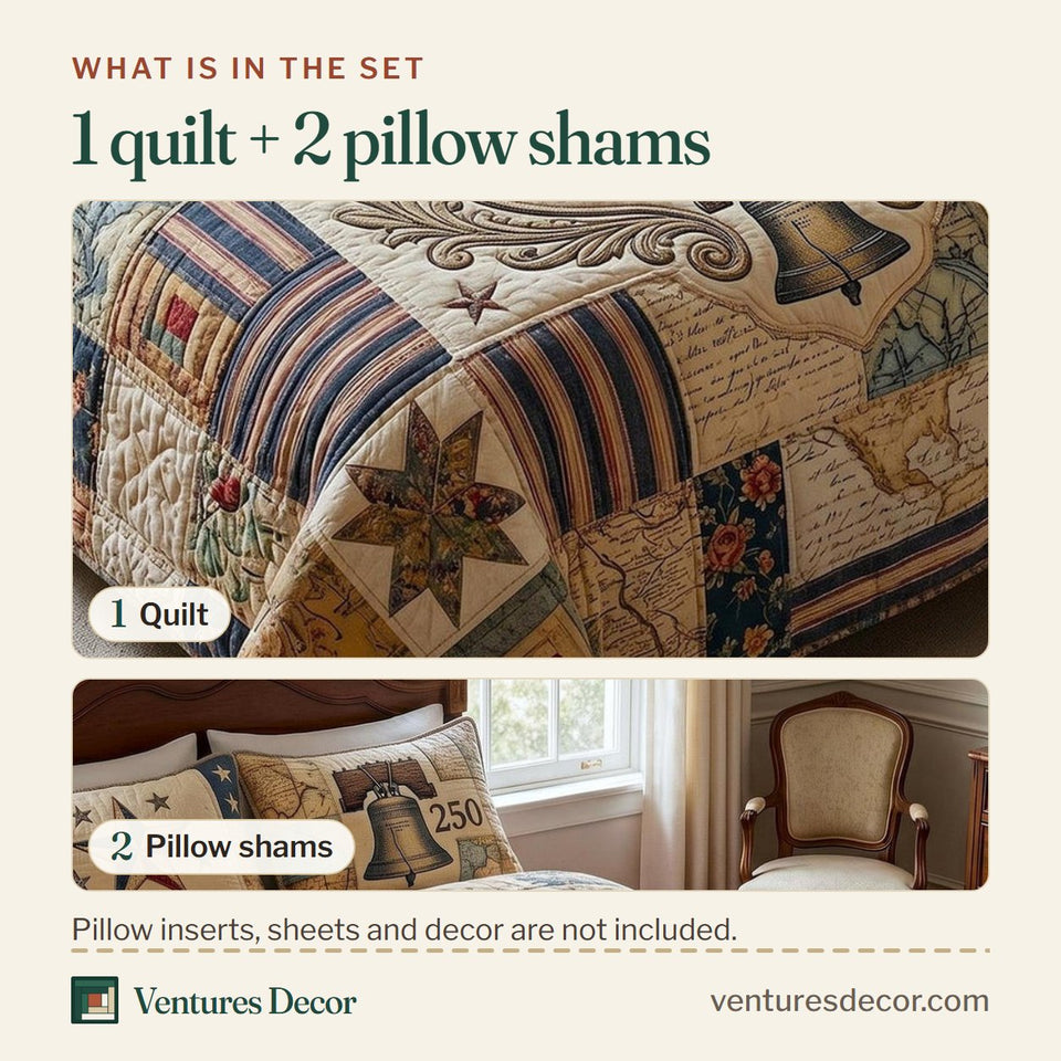 What is in the set: one quilt and two pillow shams, shown in the Heritage Patch Antique Tan Label design