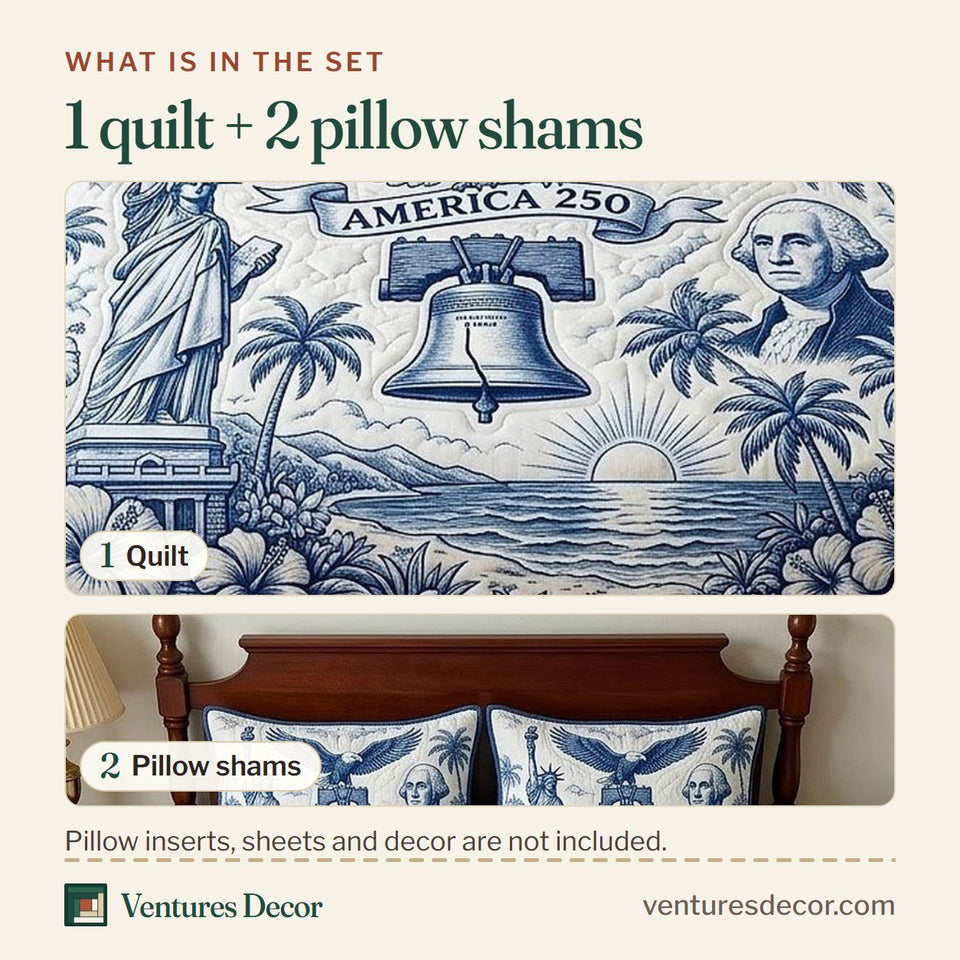 What is in the set: one quilt and two pillow shams, shown in the Heritage Patch Blue And White Toile Scene design
