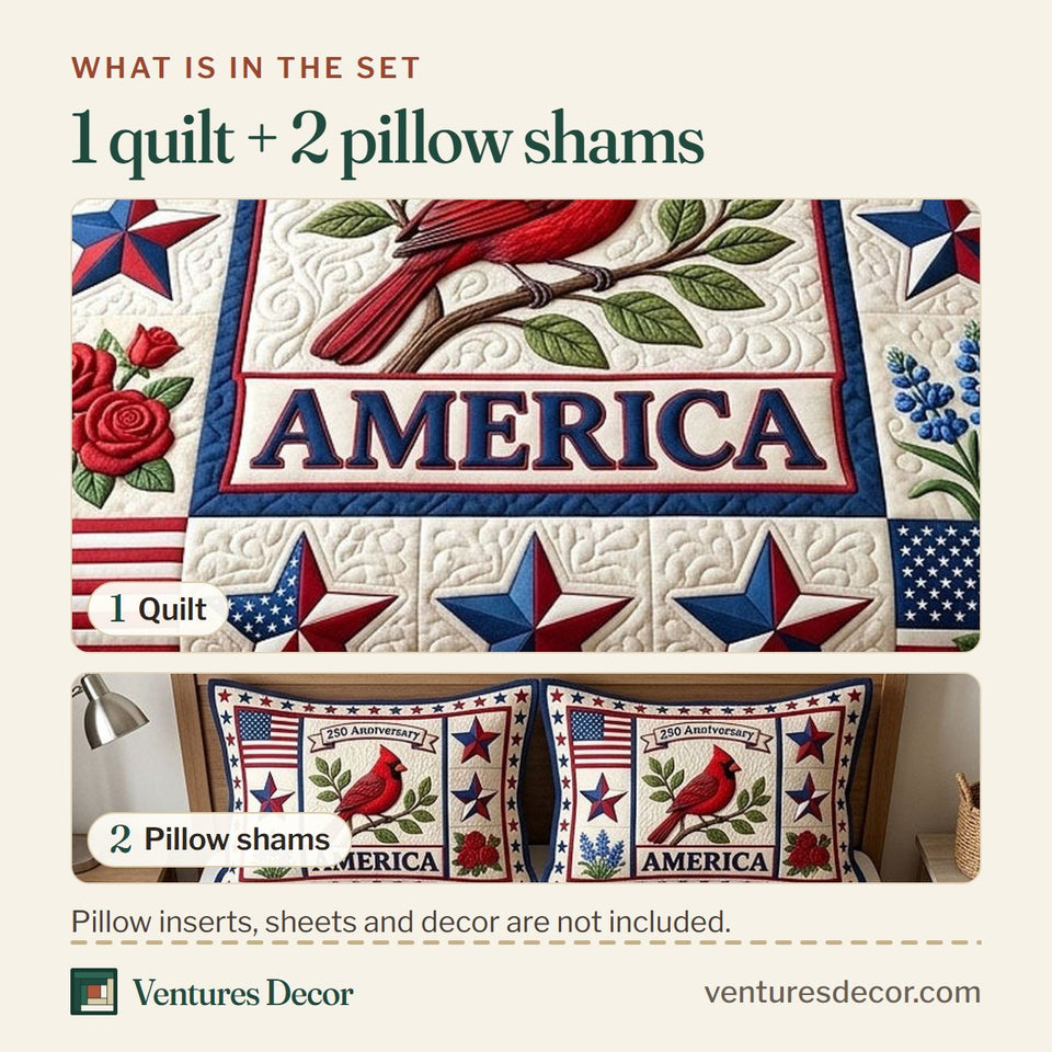 What is in the set: one quilt and two pillow shams, shown in the Heritage Patch Cardinal And Red Roses design