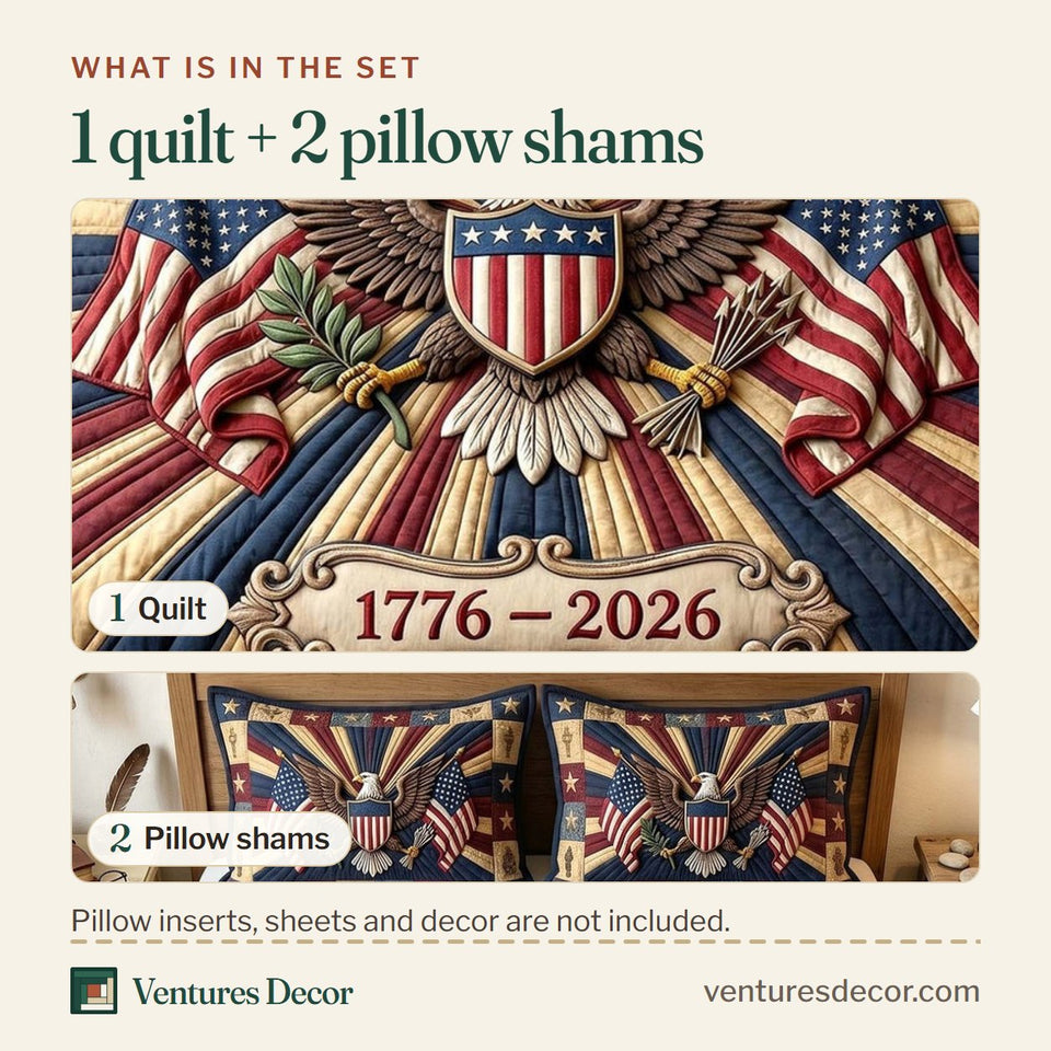What is in the set: one quilt and two pillow shams, shown in the Heritage Patch Eagle design