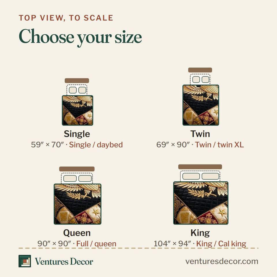 Size guide for the Heritage Patch in Black and Brown quilt, top view to scale: Single 59 x 70 in, Twin 69 x 90 in, Queen 90 x 90 in, King 104 x 94 in