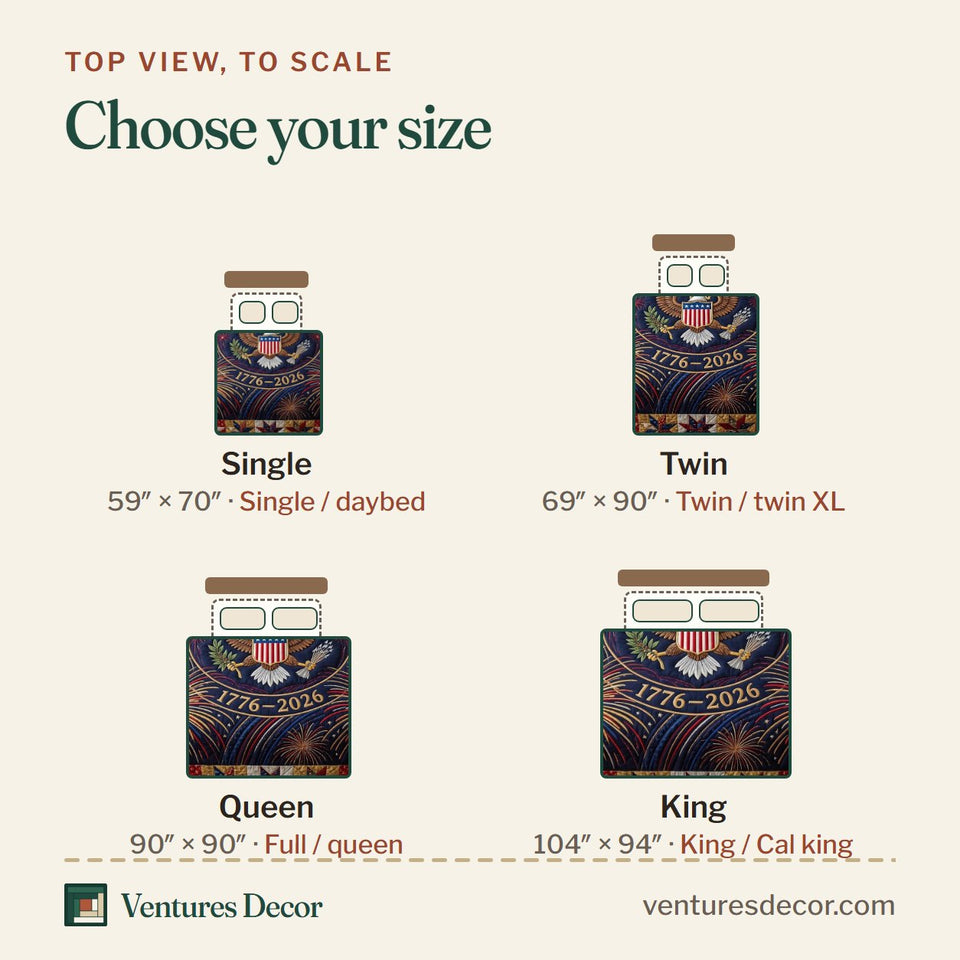 Size guide for the Heritage Patch in Brown and Black quilt, top view to scale: Single 59 x 70 in, Twin 69 x 90 in, Queen 90 x 90 in, King 104 x 94 in