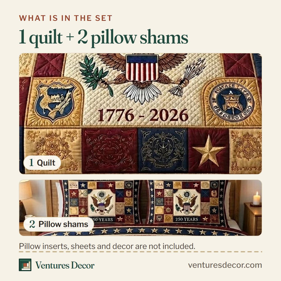 What is in the set: one quilt and two pillow shams, shown in the Heritage Patch in Brown and Tan design