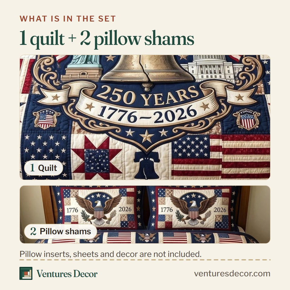 What is in the set: one quilt and two pillow shams, shown in the Heritage Patch in Gray design