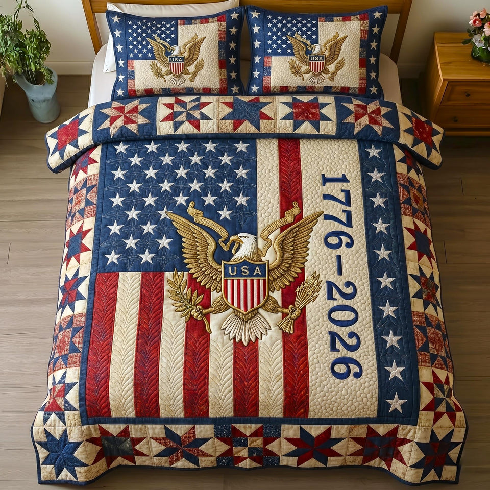 Heritage Patch in Tan and Blush quilted bedding set, quilt and two pillow shams on a made bed