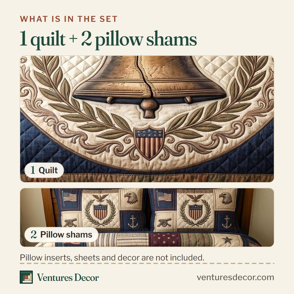 What is in the set: one quilt and two pillow shams, shown in the Heritage Patch Laurel Wreath Bell design