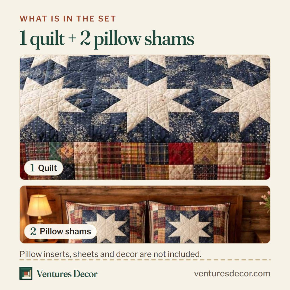 What is in the set: one quilt and two pillow shams, shown in the Heritage Patch Navy Star Block Quilt design