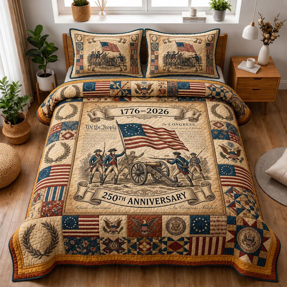 Heritage Patch Parchment March Panel quilted bedding set, quilt and two pillow shams on a made bed
