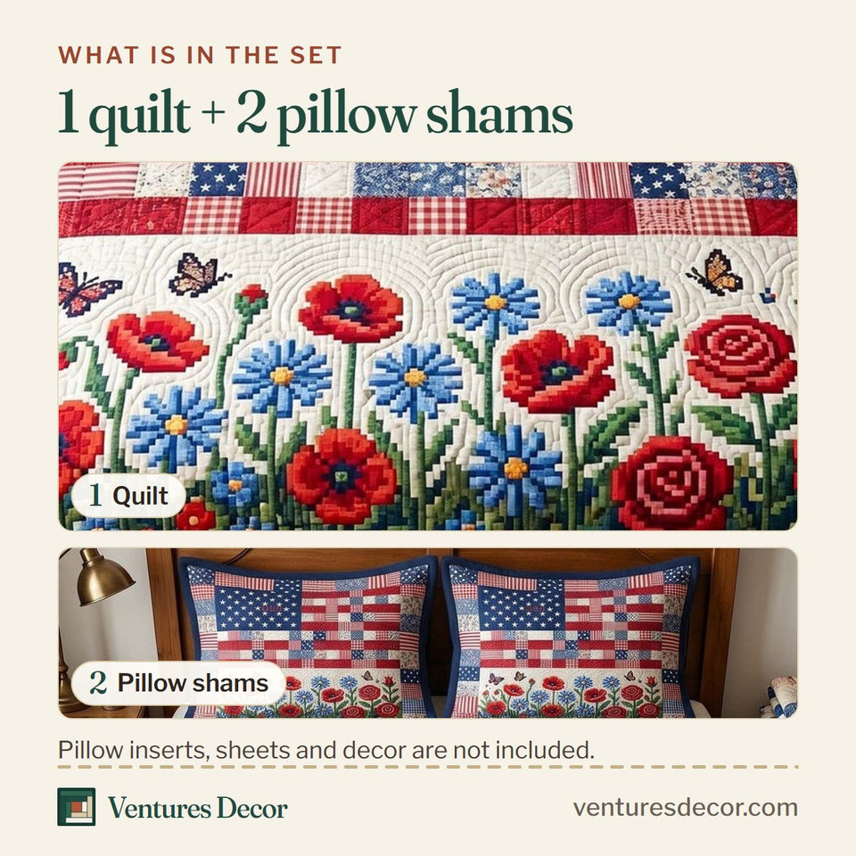 What is in the set: one quilt and two pillow shams, shown in the Heritage Patch Poppy Meadow Check design