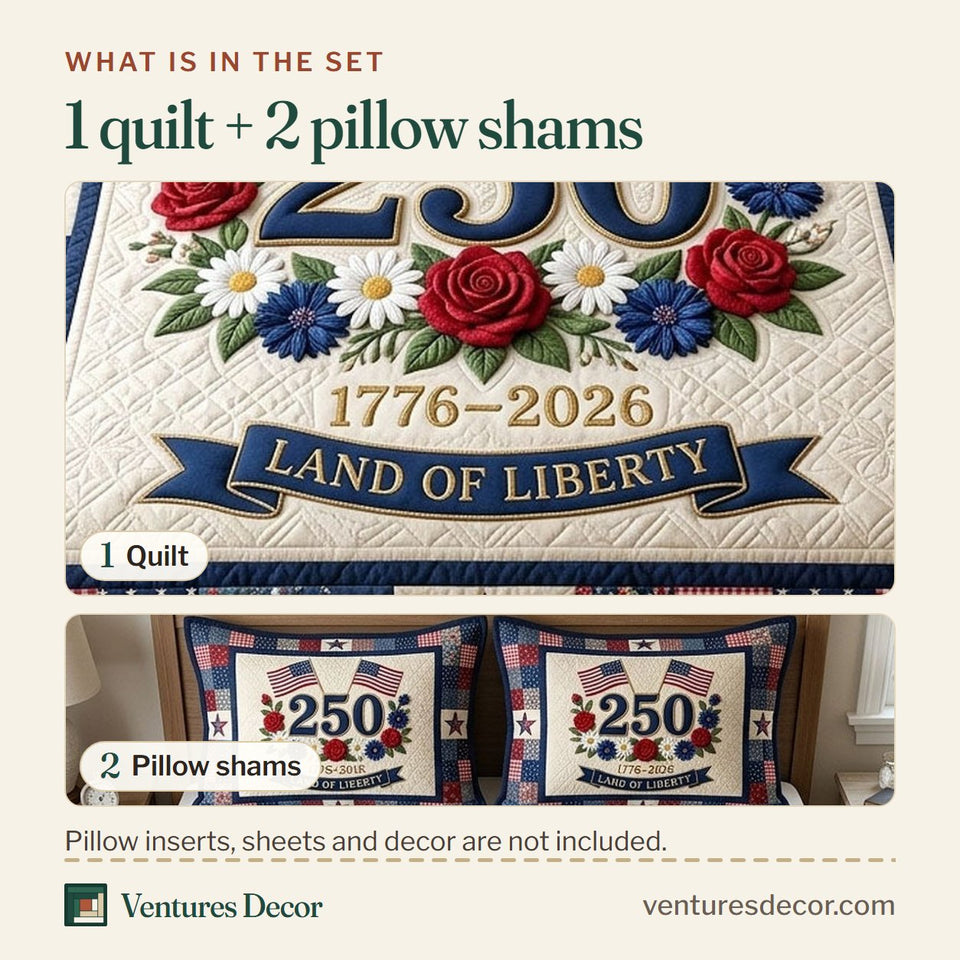 What is in the set: one quilt and two pillow shams, shown in the Heritage Patch Roses Around 250 design
