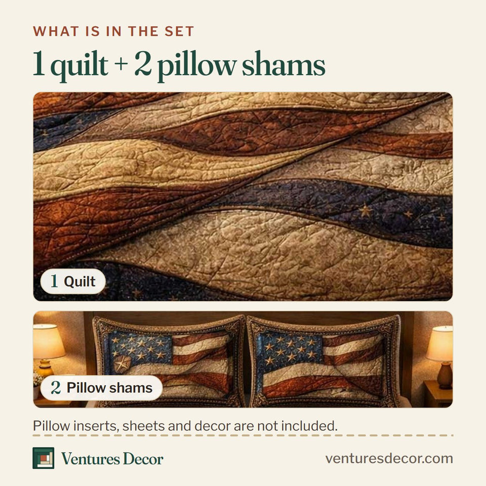What is in the set: one quilt and two pillow shams, shown in the Heritage Patch Sepia Rippling Stripes design