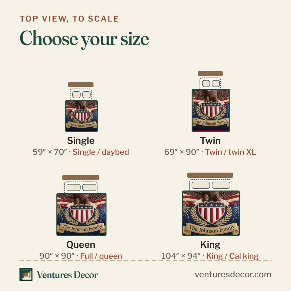 Size guide for the Heritage Patch Shield and Fireworks quilt, top view to scale: Single 59 x 70 in, Twin 69 x 90 in, Queen 90 x 90 in, King 104 x 94 in