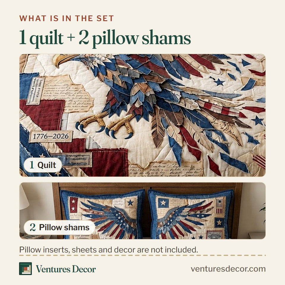 What is in the set: one quilt and two pillow shams, shown in the Heritage Patch Soaring Eagle Cream design