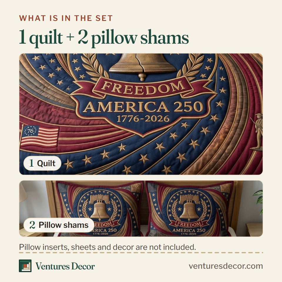 What is in the set: one quilt and two pillow shams, shown in the Heritage Patch Spiral Flag Freedom design